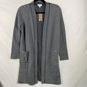 J. Jill Navy Blue‎ & White Striped Long Open Cardigan Small Classic Minimal NWT